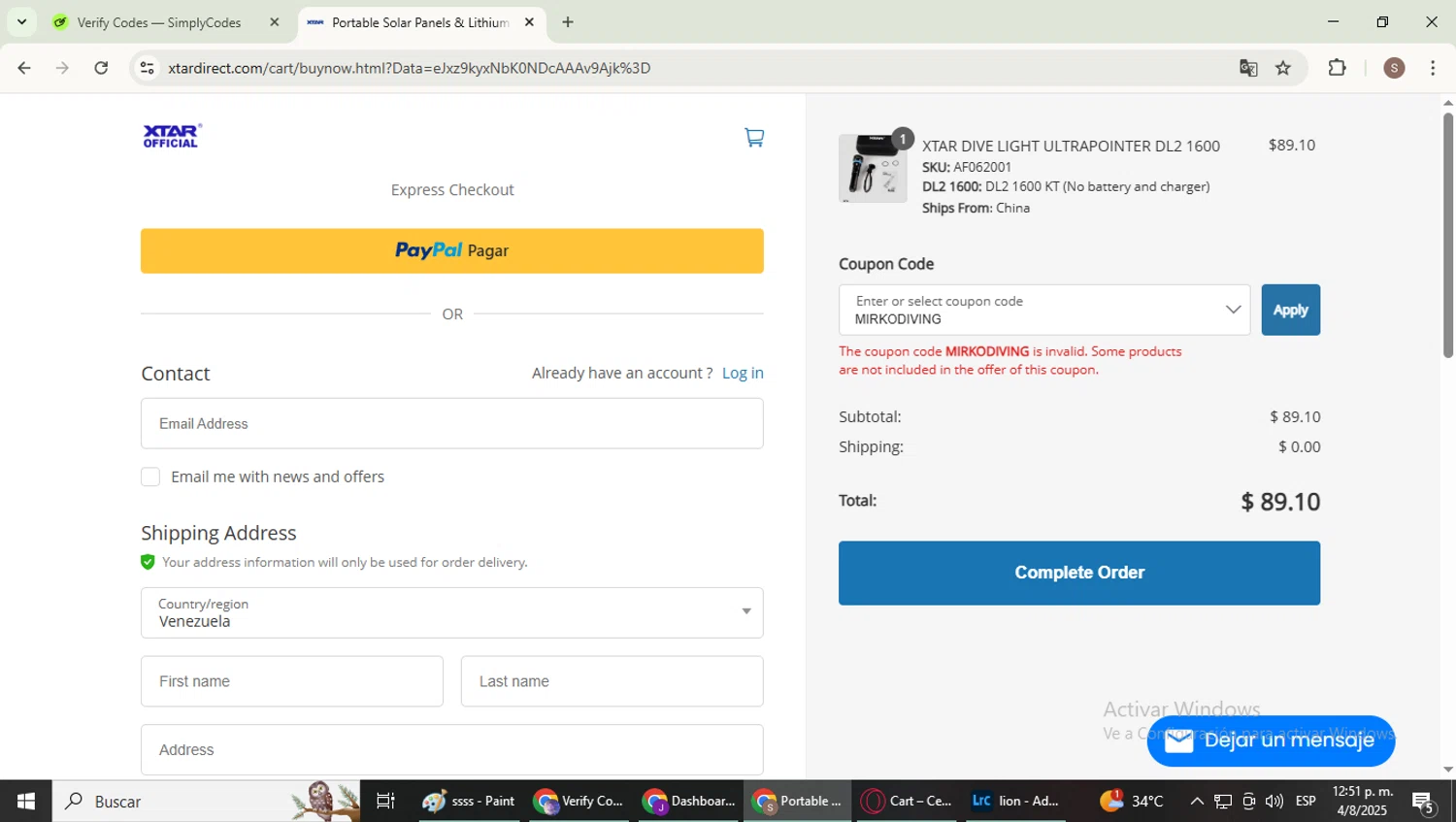 XTAR Technology promo code screenshot showing code MIRKODIVING applied at XTAR Technology checkout page. Uploaded by SimplyCodes community member WiseExpert2972 on Aug 4, 2025
