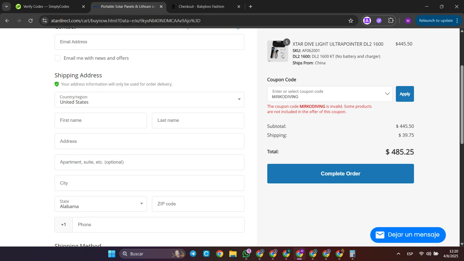 XTAR Technology promo code screenshot showing code MIRKODIVING applied at XTAR Technology checkout page. Uploaded by SimplyCodes community member jinwoo on Aug 4, 2025