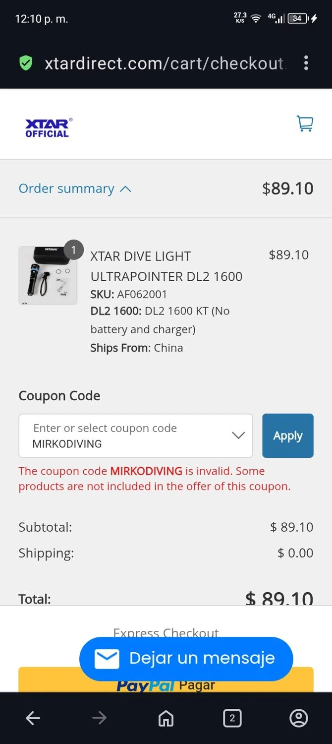 XTAR Technology promo code screenshot showing code MIRKODIVING applied at XTAR Technology checkout page. Uploaded by SimplyCodes community member terricameron on Aug 4, 2025