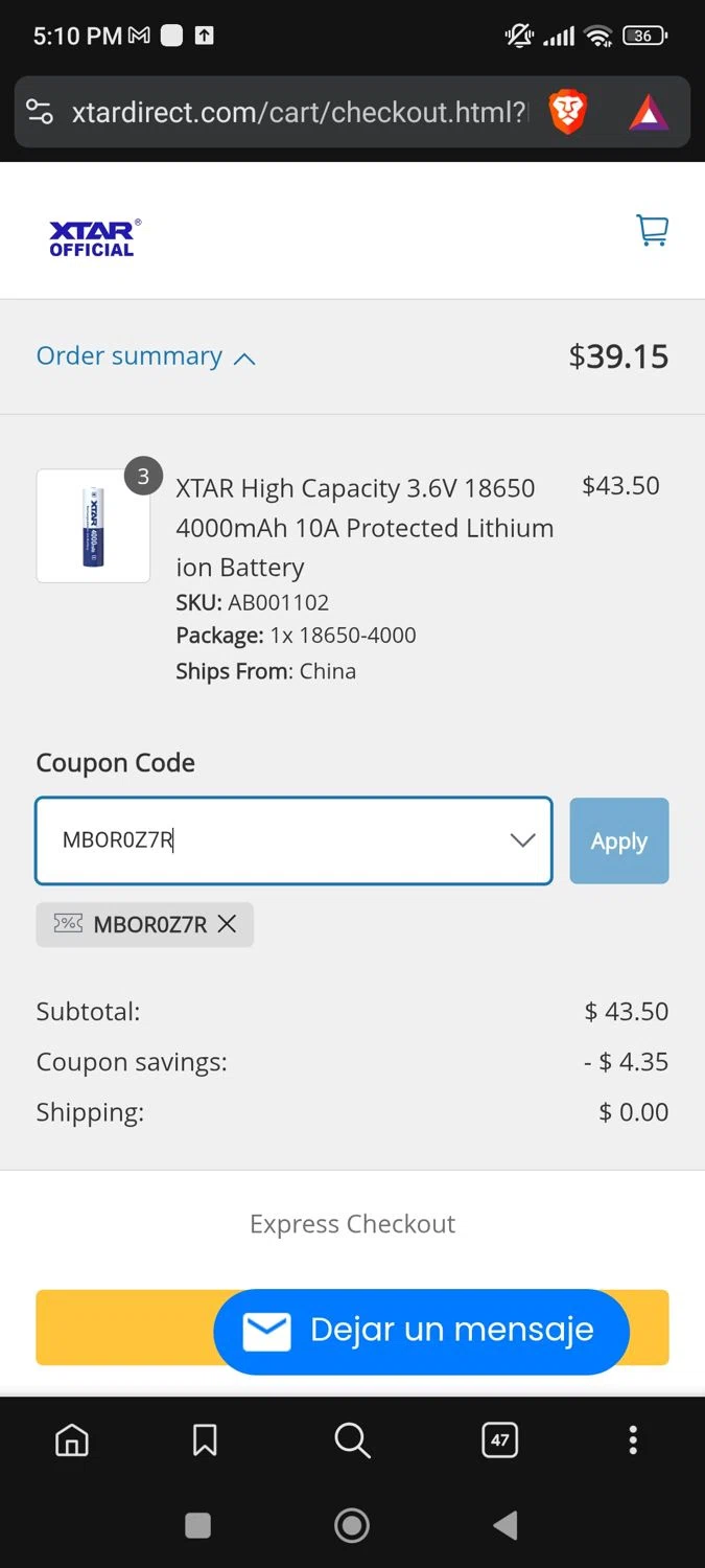 XTAR Technology promo code screenshot showing code MBOR0Z7R applied at XTAR Technology checkout page. Uploaded by SimplyCodes community member josegarcia6 on Dec 2, 2025
