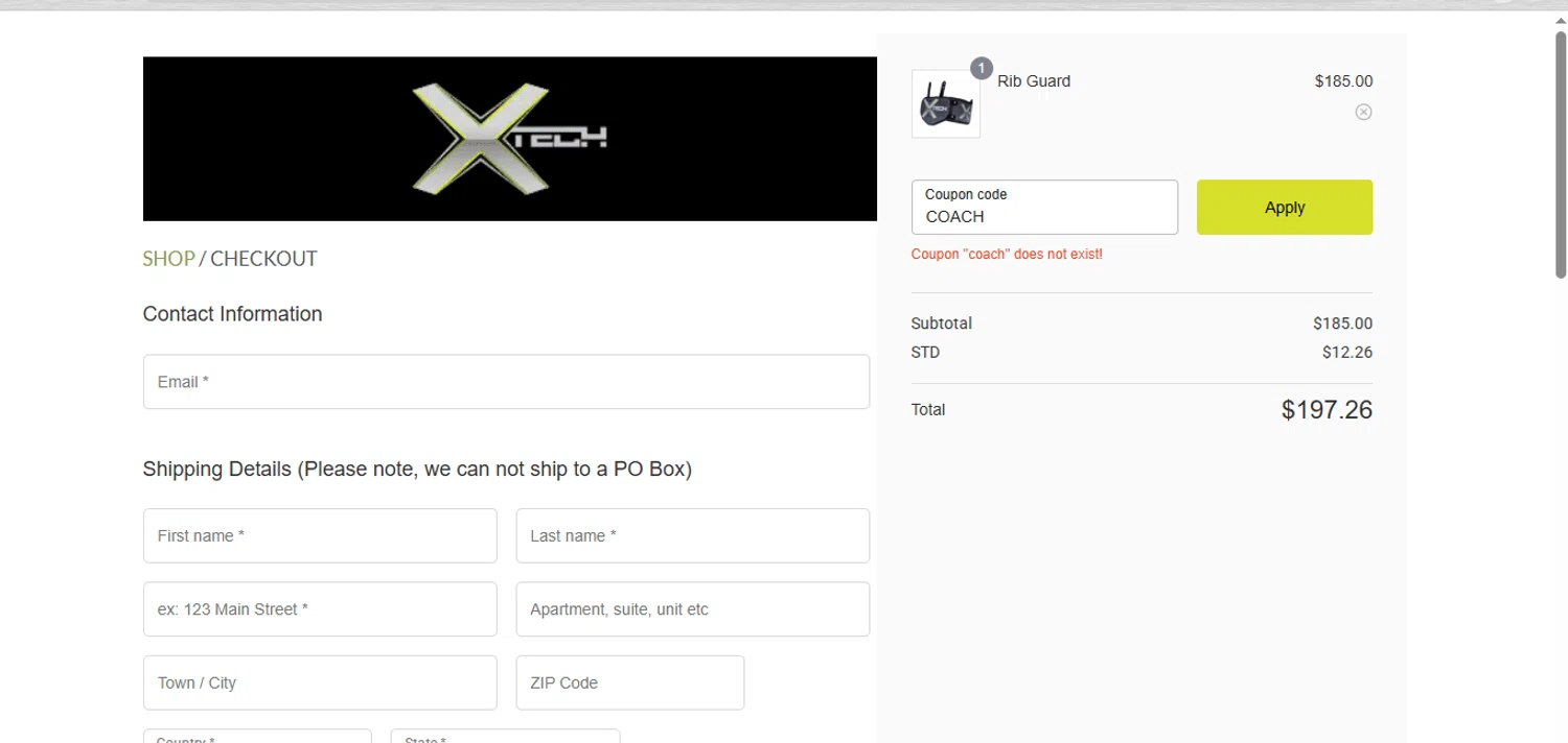 XTECH Pads coupon code screenshot showing code COACH applied at XTECH Pads checkout page. Uploaded by SimplyCodes community member rosatulos_423295234 on Mar 15, 2025