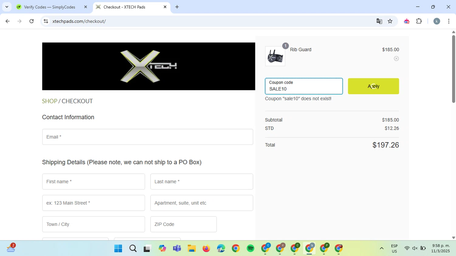 XTECH Pads coupon code screenshot showing code SALE10 applied at XTECH Pads checkout page. Uploaded by SimplyCodes community member ValiantCaptain6560 on Mar 12, 2025