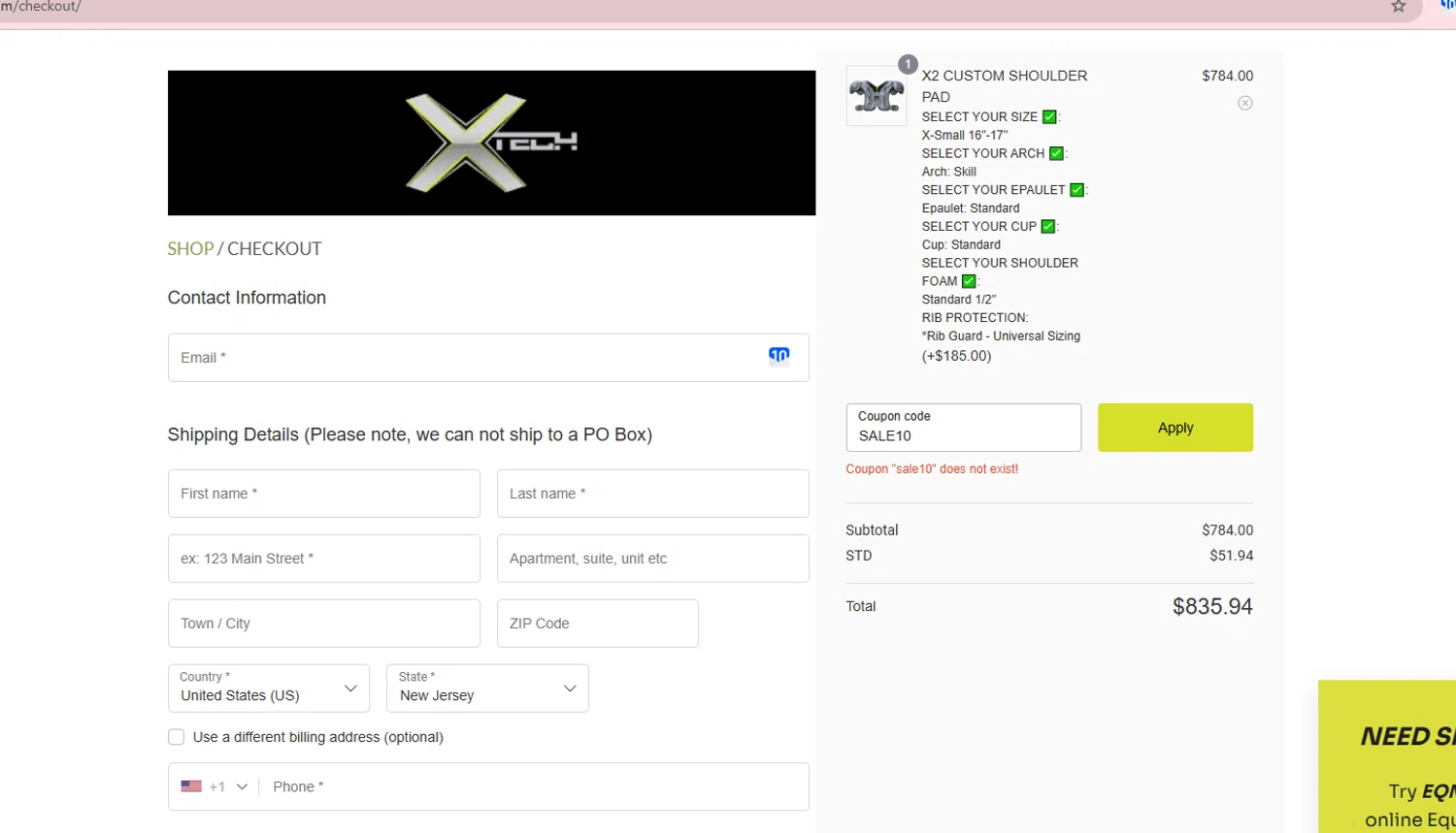 XTECH Pads coupon code screenshot showing code SALE10 applied at XTECH Pads checkout page. Uploaded by SimplyCodes community member Westcoll on Jan 4, 2025