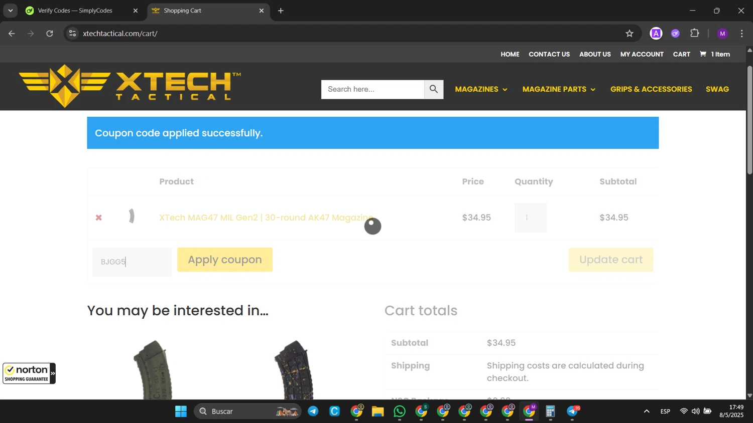 XTech Tactical coupon code screenshot showing code BJGG5 applied at XTech Tactical checkout page. Uploaded by SimplyCodes community member jinwoo on May 8, 2025