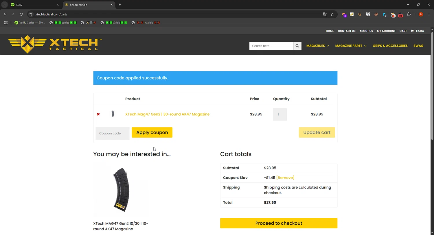 XTech Tactical coupon code screenshot showing code SLAV applied at XTech Tactical checkout page. Uploaded by SimplyCodes community member SavvyFinder1532 on Jun 20, 2025