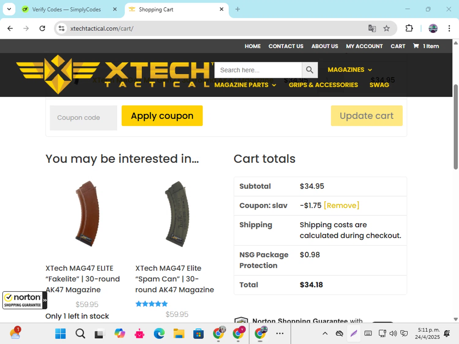 XTech Tactical coupon code screenshot showing code SLAV applied at XTech Tactical checkout page. Uploaded by SimplyCodes community member DiscountGenius6081 on Apr 24, 2025