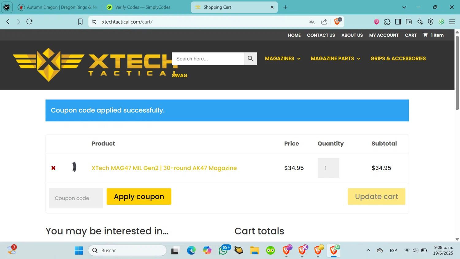 XTech Tactical coupon code screenshot showing code SOOTCH00 applied at XTech Tactical checkout page. Uploaded by SimplyCodes community member nikkis on Jun 20, 2025