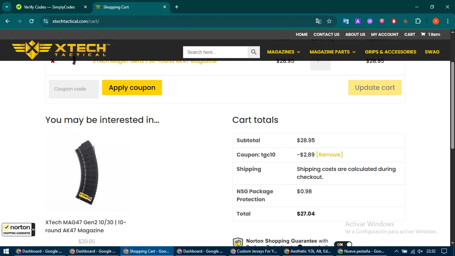 XTech Tactical coupon code screenshot showing code TGC10 applied at XTech Tactical checkout page. Uploaded by SimplyCodes community member CoinMaven895 on Aug 28, 2025