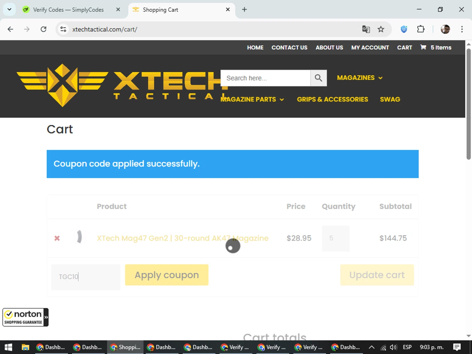 XTech Tactical coupon code screenshot showing code TGC10 applied at XTech Tactical checkout page. Uploaded by SimplyCodes community member DiscountSeeker682 on Oct 17, 2025