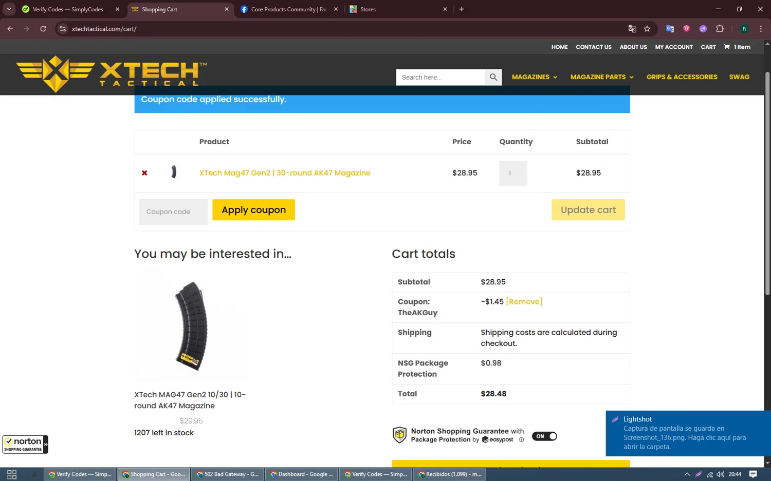 XTech Tactical coupon code screenshot showing code THEAKGUY applied at XTech Tactical checkout page. Uploaded by SimplyCodes community member Shelby_T on Jun 13, 2025