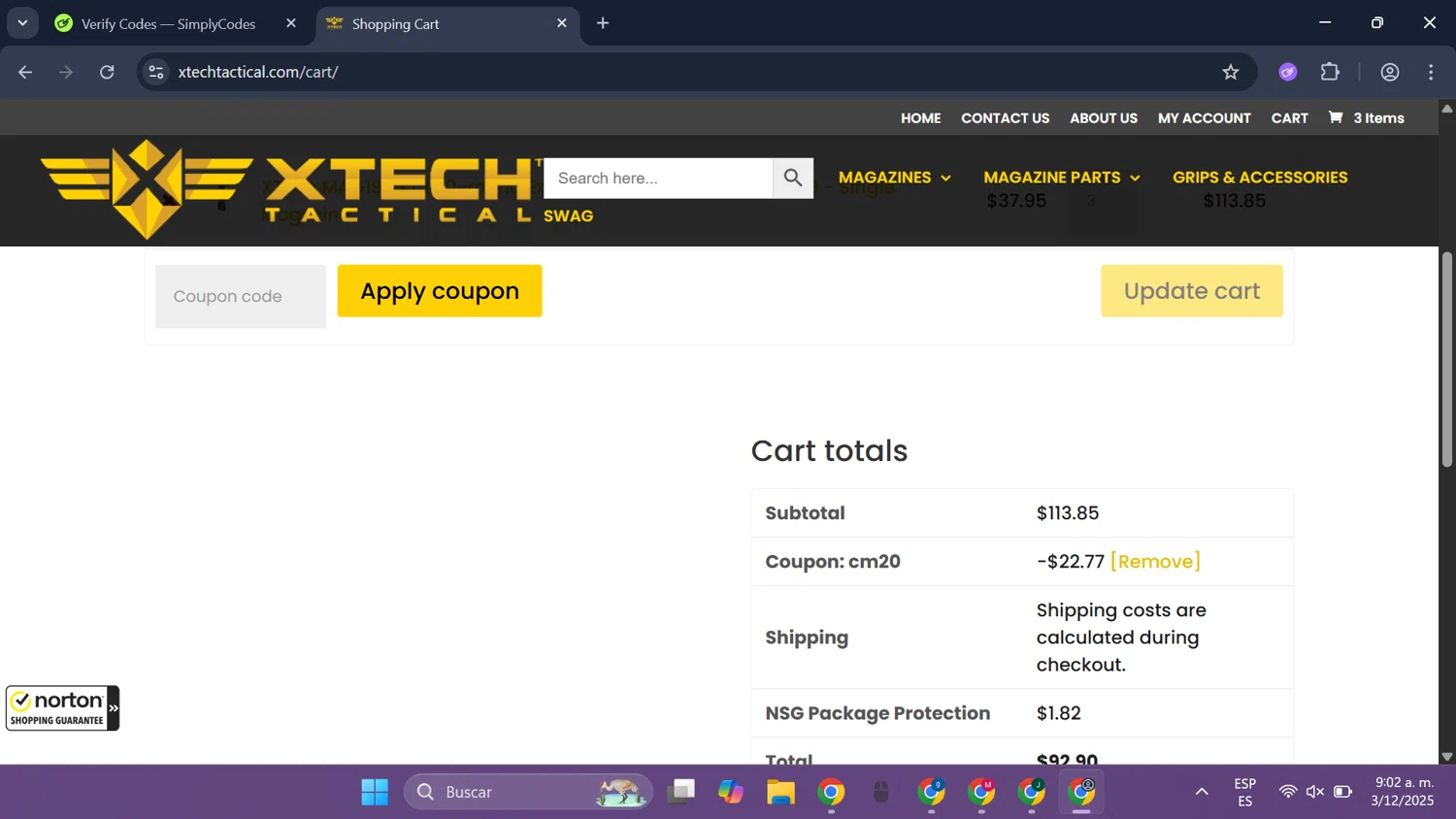 XTech Tactical checkout page showing XTech Tactical coupon code box | Screenshot taken by SimplyCodes community member on Dec 3, 2025