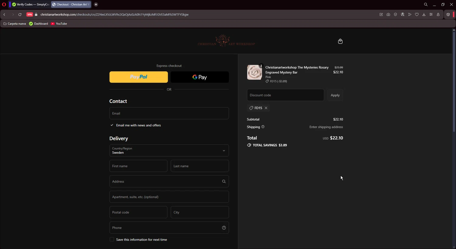 Christian Art Workshop discount code screenshot showing code fd15 applied at Christian Art Workshop checkout page. Uploaded by SimplyCodes community member CoinMaestro864 on Jul 14, 2025