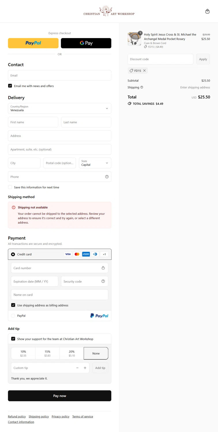 Christian Art Workshop discount code screenshot showing code fd15 applied at Christian Art Workshop checkout page. Uploaded by SimplyCodes community member Rossimar on Jul 23, 2025