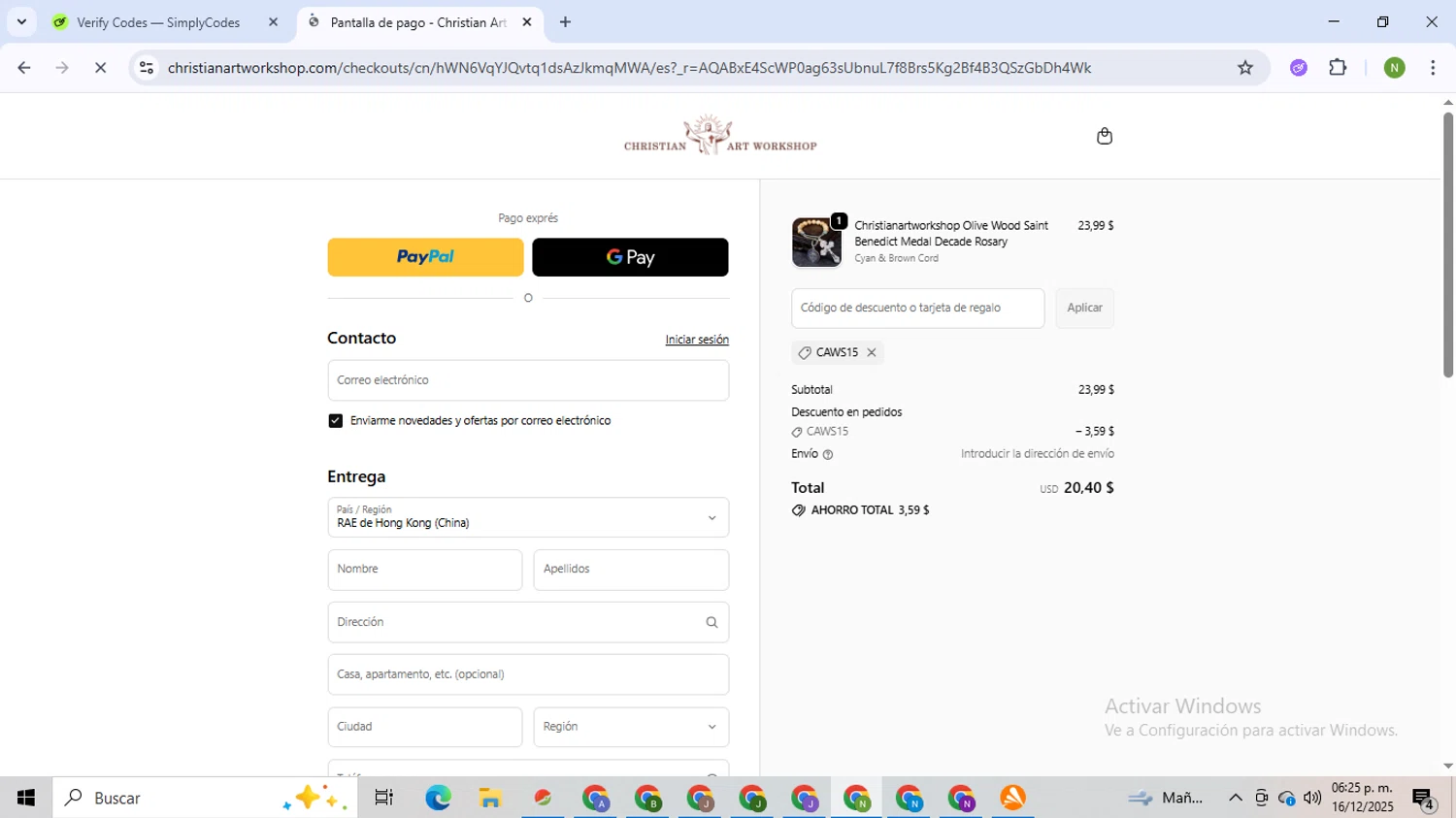 Christian Art Workshop discount code screenshot showing code CAWS15 applied at Christian Art Workshop checkout page. Uploaded by SimplyCodes community member TokenMaverick6956 on Dec 16, 2025