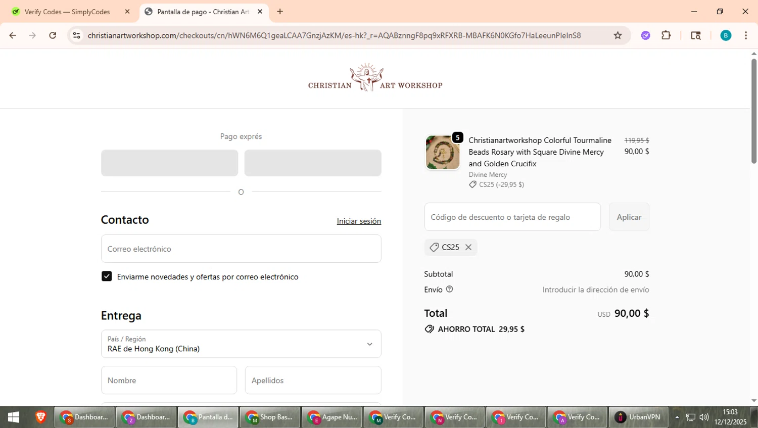 Christian Art Workshop discount code screenshot showing code CS25 applied at Christian Art Workshop checkout page. Uploaded by SimplyCodes community member QuestScholar5572 on Dec 12, 2025