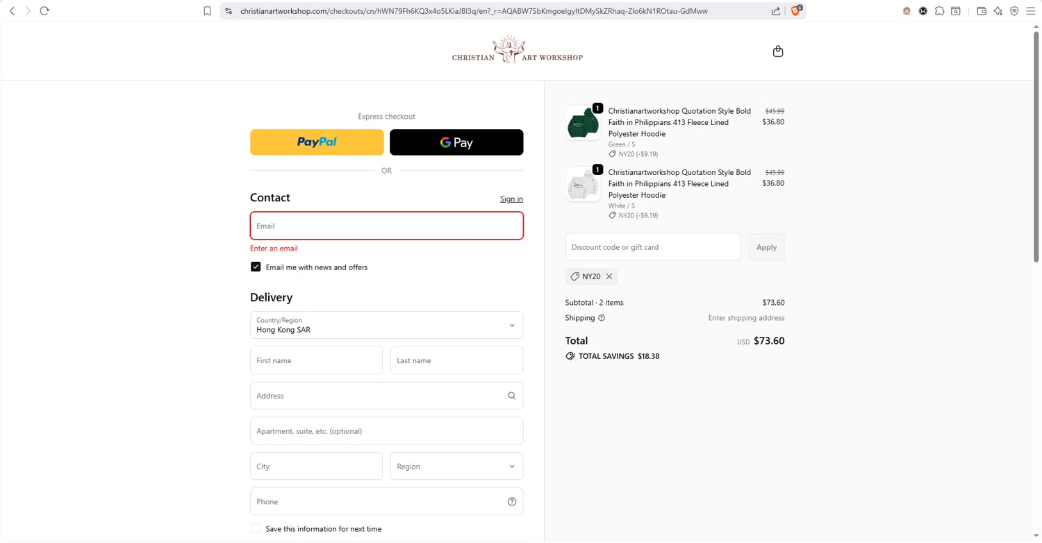 Christian Art Workshop checkout page showing Christian Art Workshop discount code box | Screenshot taken by SimplyCodes community member on Jan 2, 2026