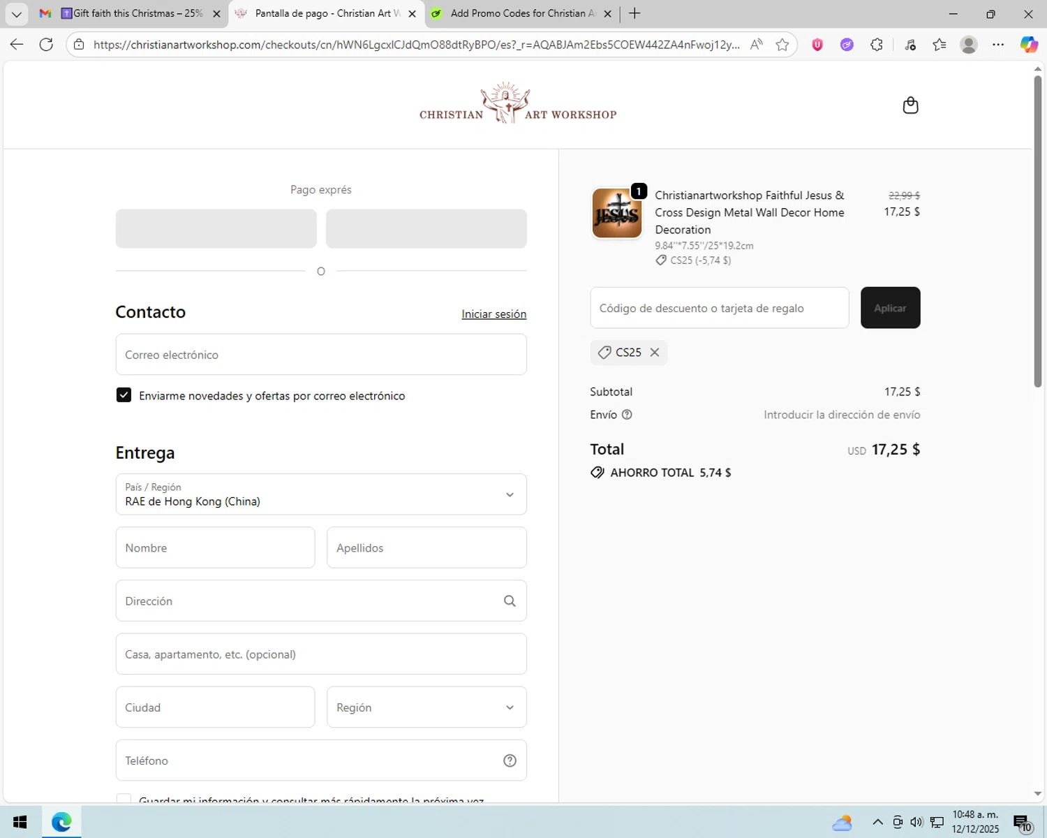Christian Art Workshop discount code screenshot showing code CS25 applied at Christian Art Workshop checkout page. Uploaded by SimplyCodes community member peachee on Dec 12, 2025