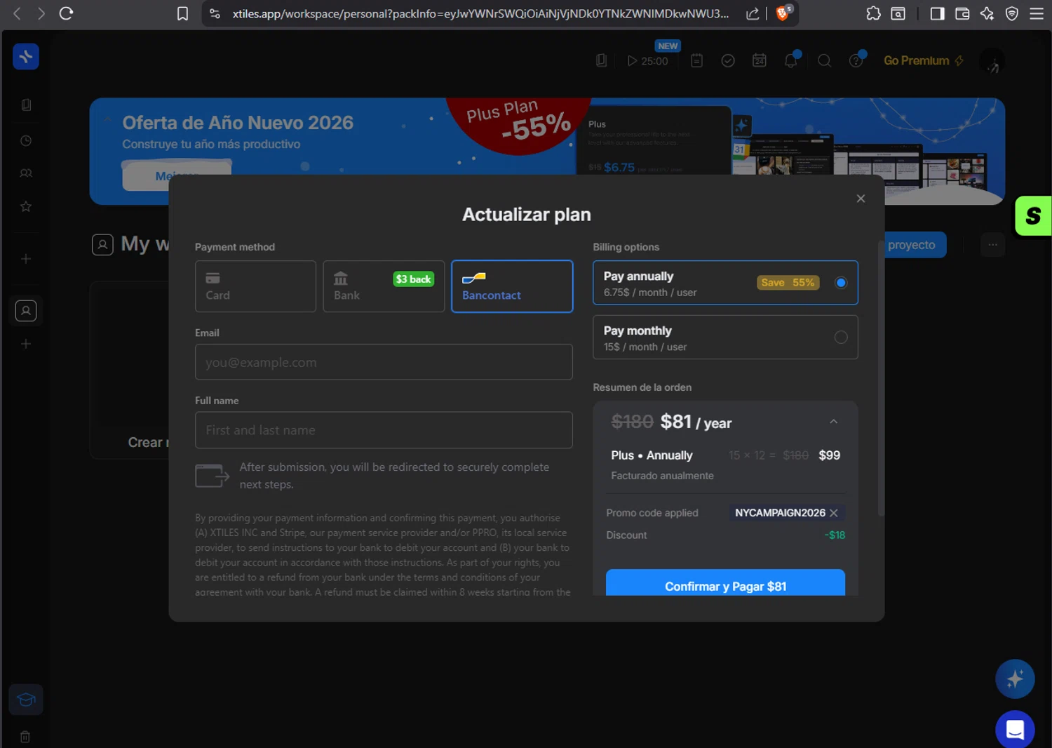 xTiles promo code screenshot showing code NYCAMPAIGN2026 applied at xTiles checkout page. Uploaded by SimplyCodes community member 1763PrettyViewLane on Dec 24, 2025