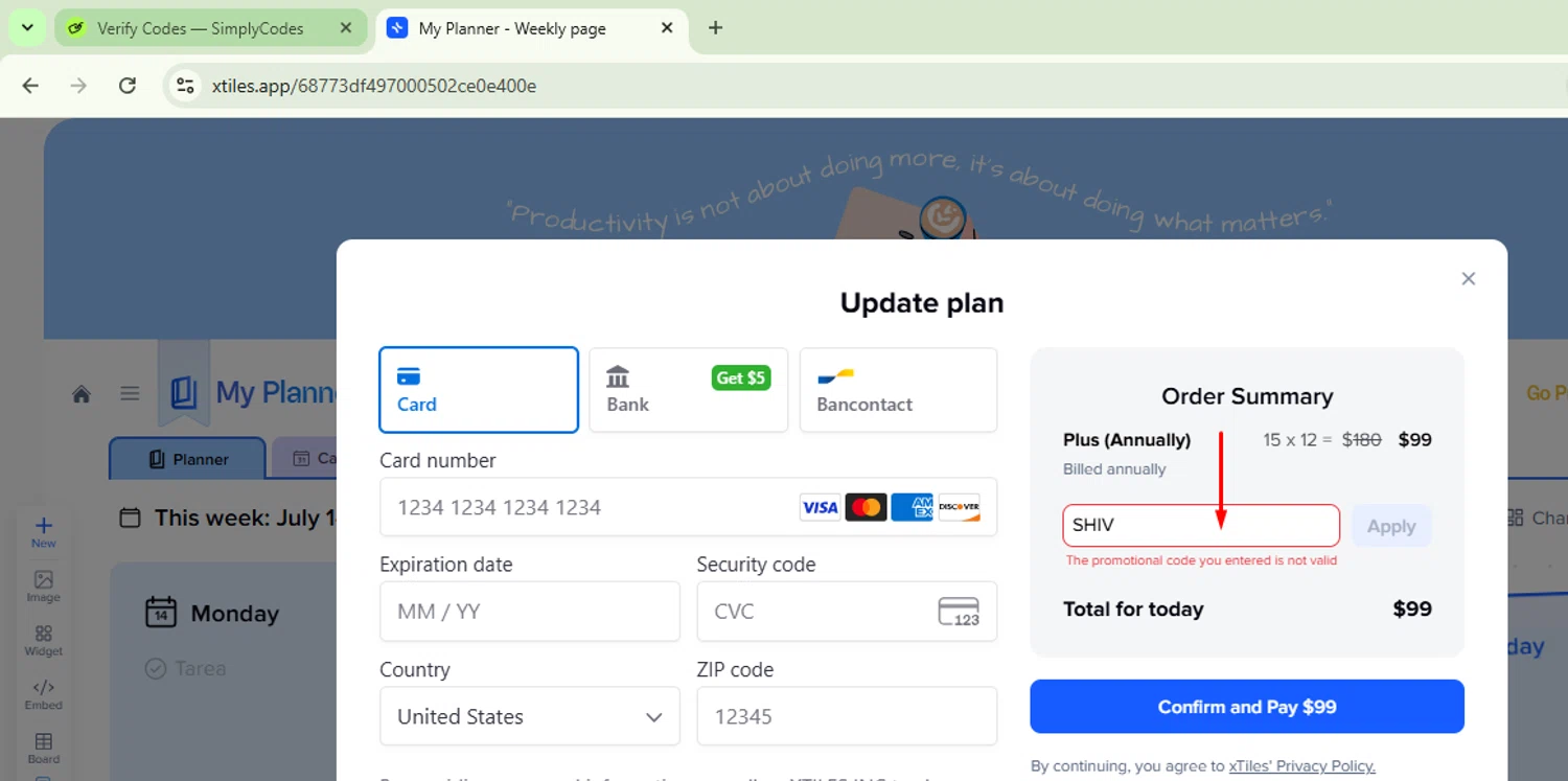 xTiles promo code screenshot showing code SHIV applied at xTiles checkout page. Uploaded by SimplyCodes community member CoinSage1043 on Jul 16, 2025