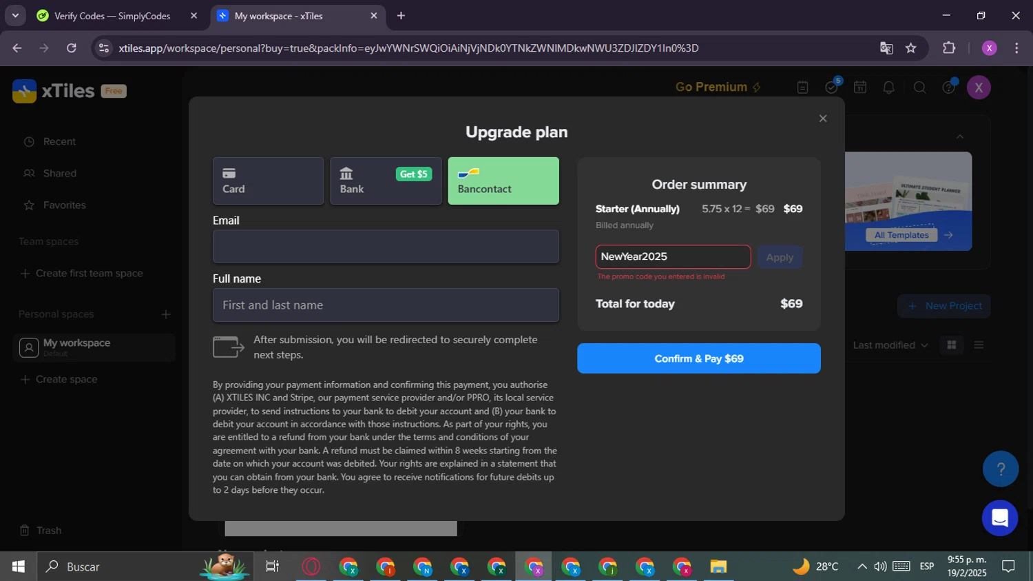 xTiles promo code screenshot showing code NewYear2025 applied at xTiles checkout page. Uploaded by SimplyCodes community member CashChaser8387 on Feb 20, 2025