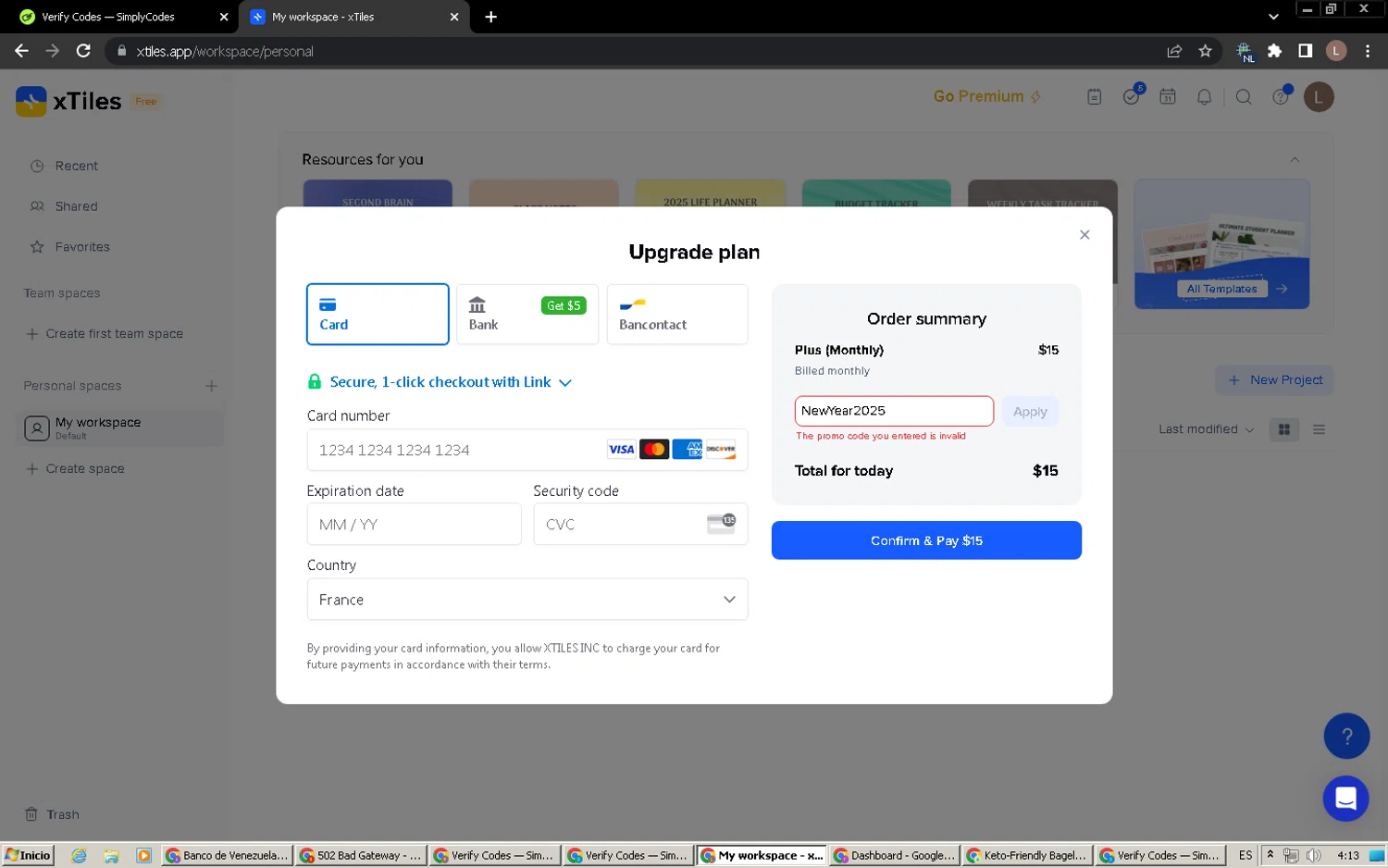 xTiles promo code screenshot showing code NewYear2025 applied at xTiles checkout page. Uploaded by SimplyCodes community member BrilliantTiger9986 on Feb 20, 2025