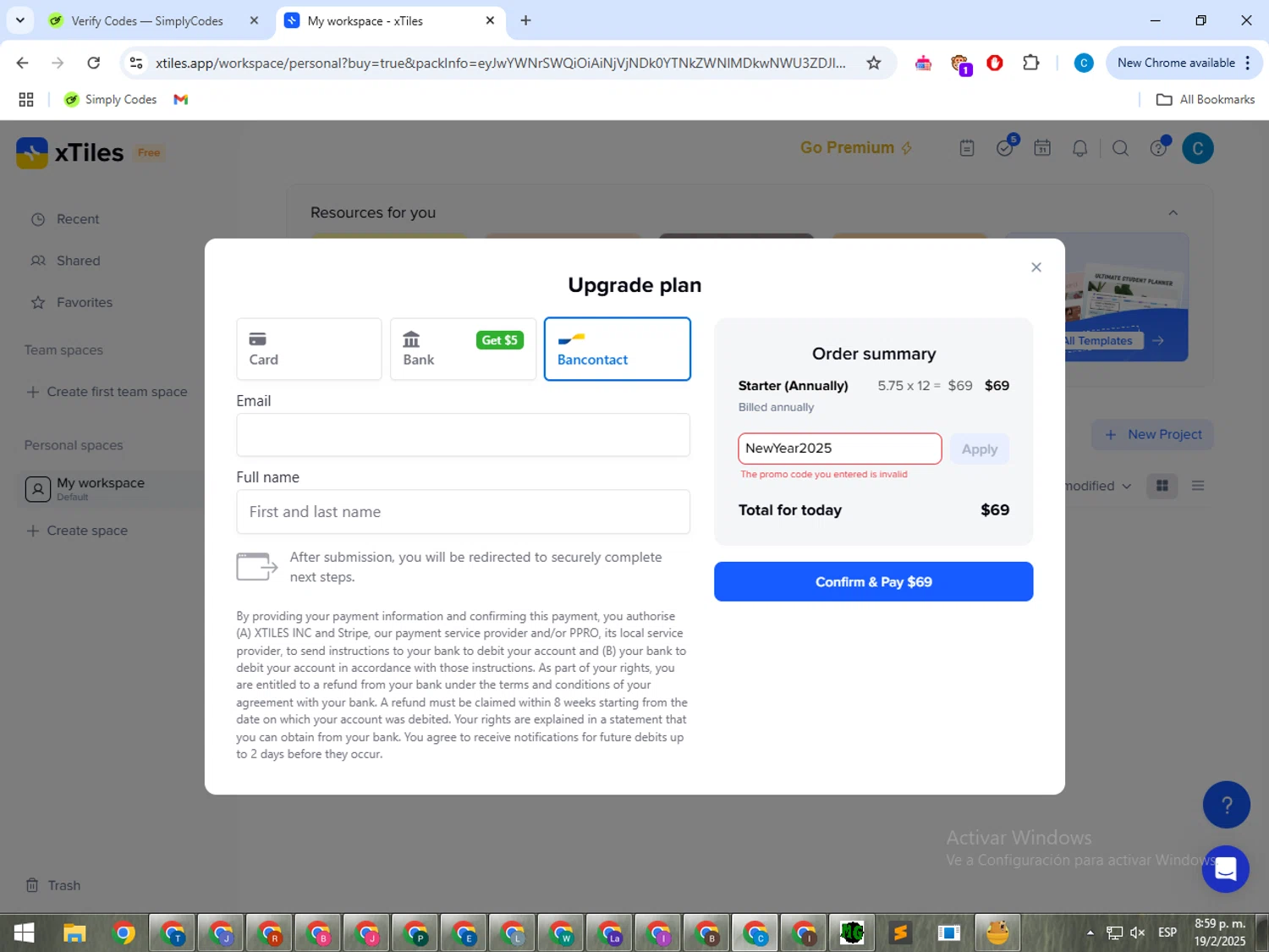 xTiles promo code screenshot showing code NewYear2025 applied at xTiles checkout page. Uploaded by SimplyCodes community member ShrewdWhiz2806 on Feb 20, 2025
