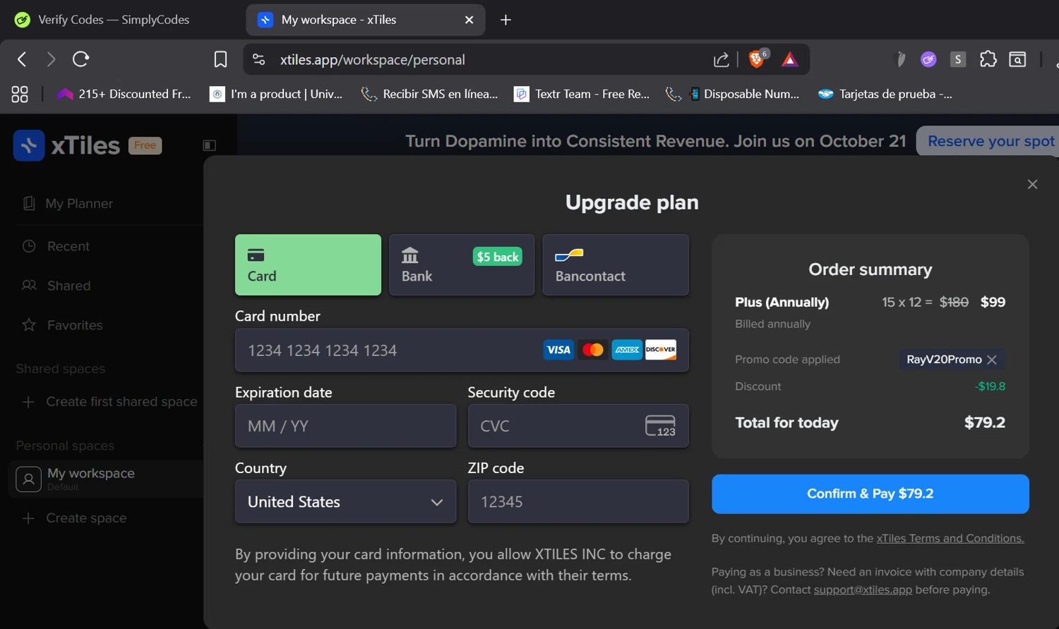 xTiles promo code screenshot showing code RayV20Promo applied at xTiles checkout page. Uploaded by SimplyCodes community member DORIANGEL on Oct 20, 2025