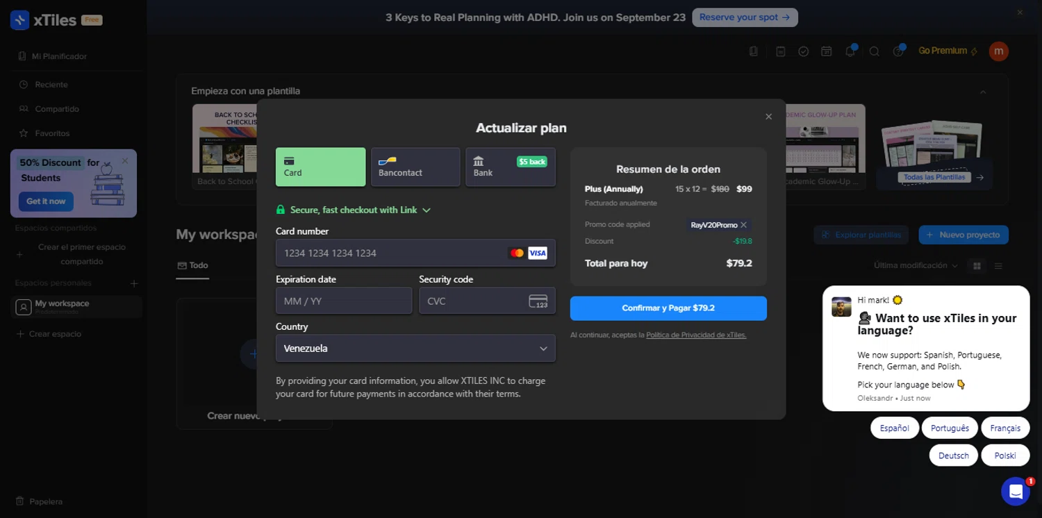 xTiles promo code screenshot showing code RayV20Promo applied at xTiles checkout page. Uploaded by SimplyCodes community member renegul on Sep 21, 2025