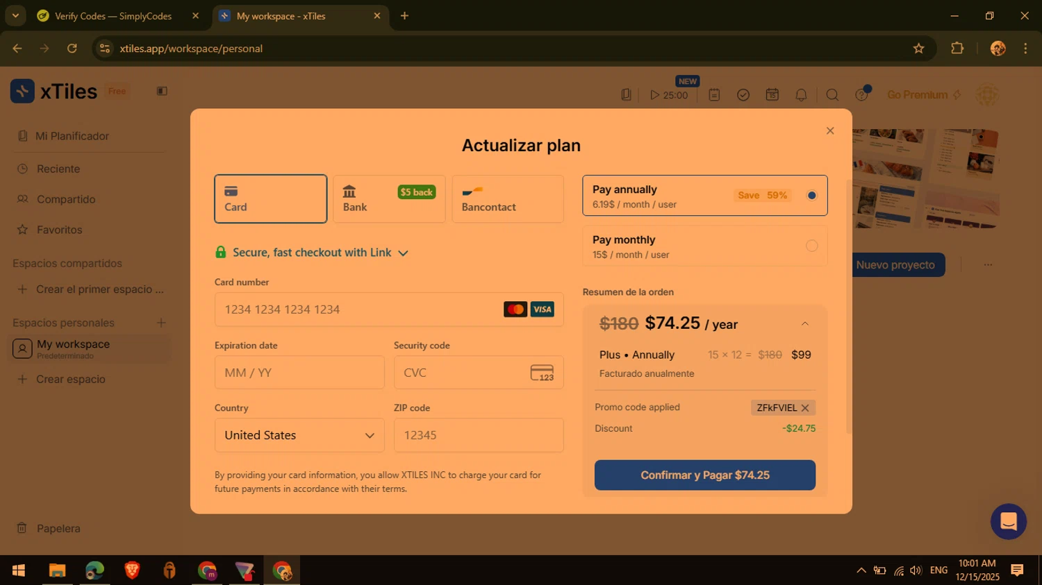 xTiles promo code screenshot showing code ZFkFVIEL applied at xTiles checkout page. Uploaded by SimplyCodes community member CashExpert3657 on Dec 15, 2025
