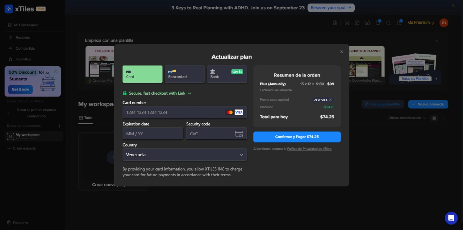 xTiles promo code screenshot showing code ZFkFVIEL applied at xTiles checkout page. Uploaded by SimplyCodes community member renegul on Sep 19, 2025
