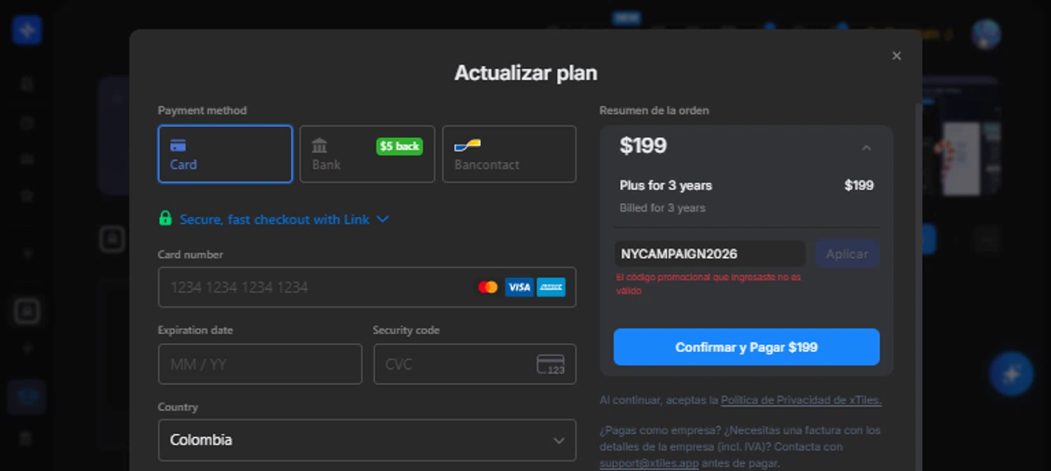 xTiles promo code screenshot showing code NYCAMPAIGN2026 applied at xTiles checkout page. Uploaded by SimplyCodes community member TraxoGamer on Dec 24, 2025