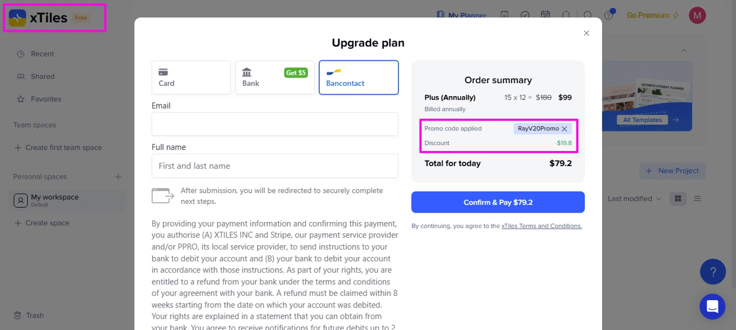 xTiles promo code screenshot showing code RayV20Promo applied at xTiles checkout page. Uploaded by SimplyCodes community member mrdarcy on Aug 20, 2025