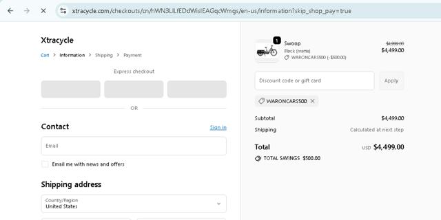 Xtracycle Cargo Bikes checkout page showing Xtracycle Cargo Bikes promo code box | Screenshot taken by SimplyCodes community member on Sep 24, 2025
