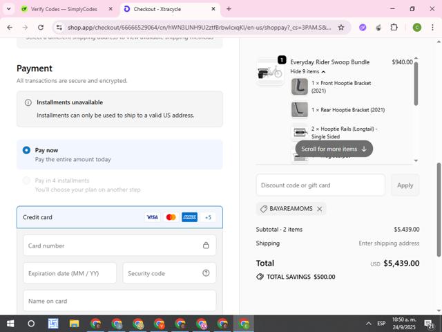 Xtracycle Cargo Bikes checkout page showing Xtracycle Cargo Bikes promo code box | Screenshot taken by SimplyCodes community member on Sep 24, 2025