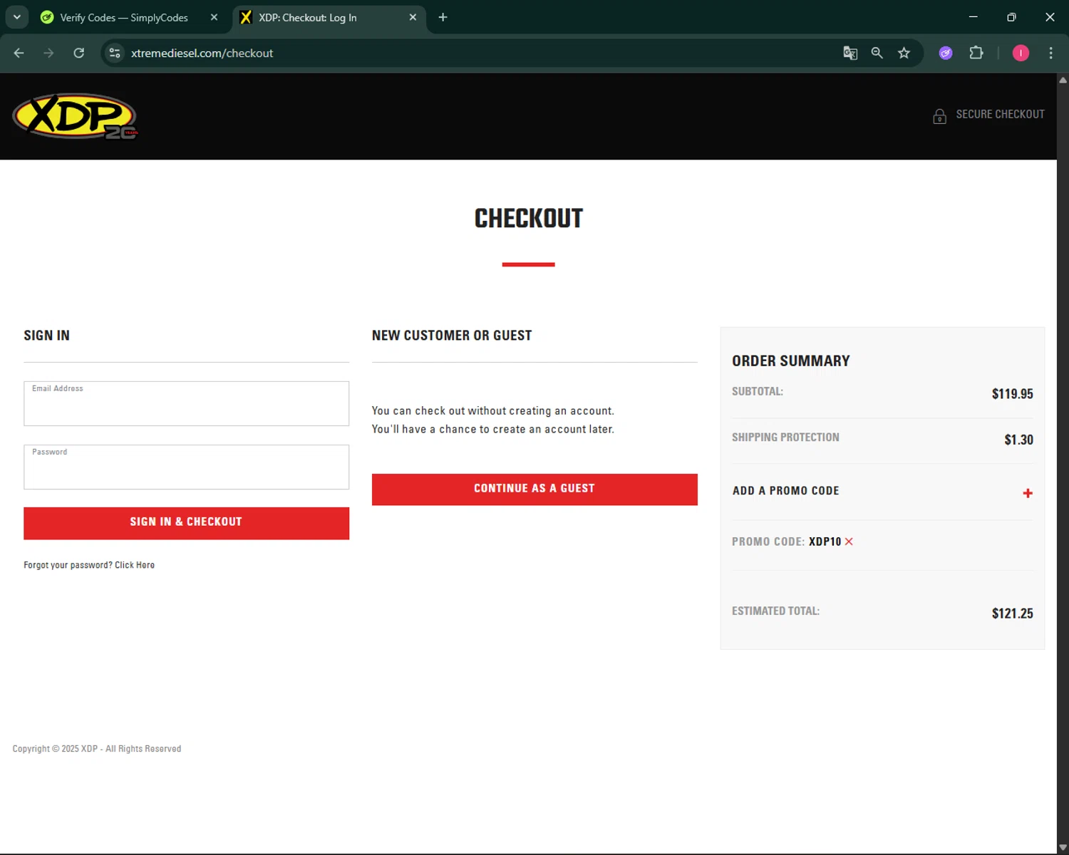 Xtreme Diesel Performance promo code screenshot showing code XDP10 applied at Xtreme Diesel Performance checkout page. Uploaded by SimplyCodes community member BargainSeeker9964 on Oct 25, 2025