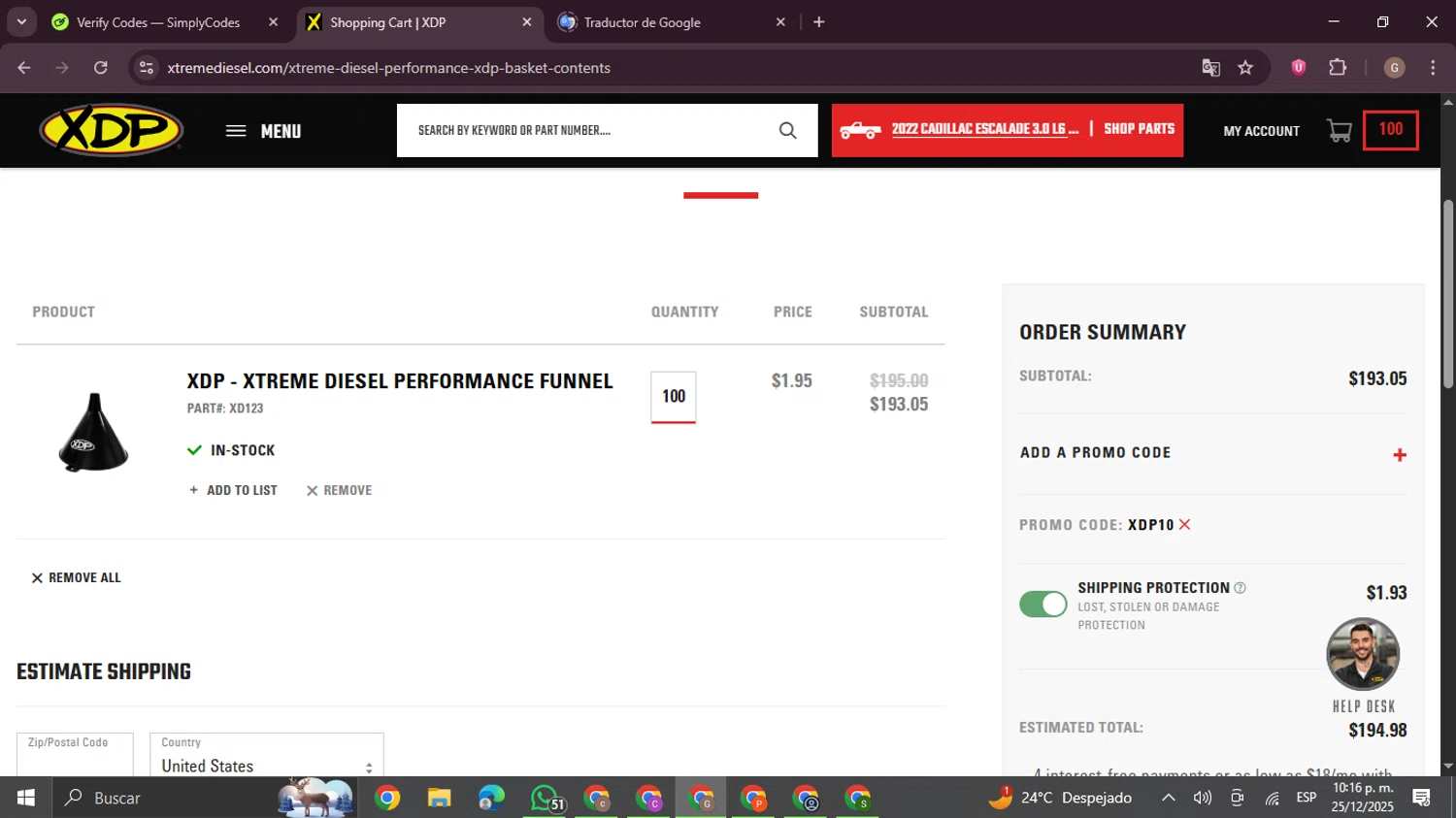 Xtreme Diesel Performance promo code screenshot showing code XDP10 applied at Xtreme Diesel Performance checkout page. Uploaded by SimplyCodes community member BrilliantTracker4207 on Dec 26, 2025