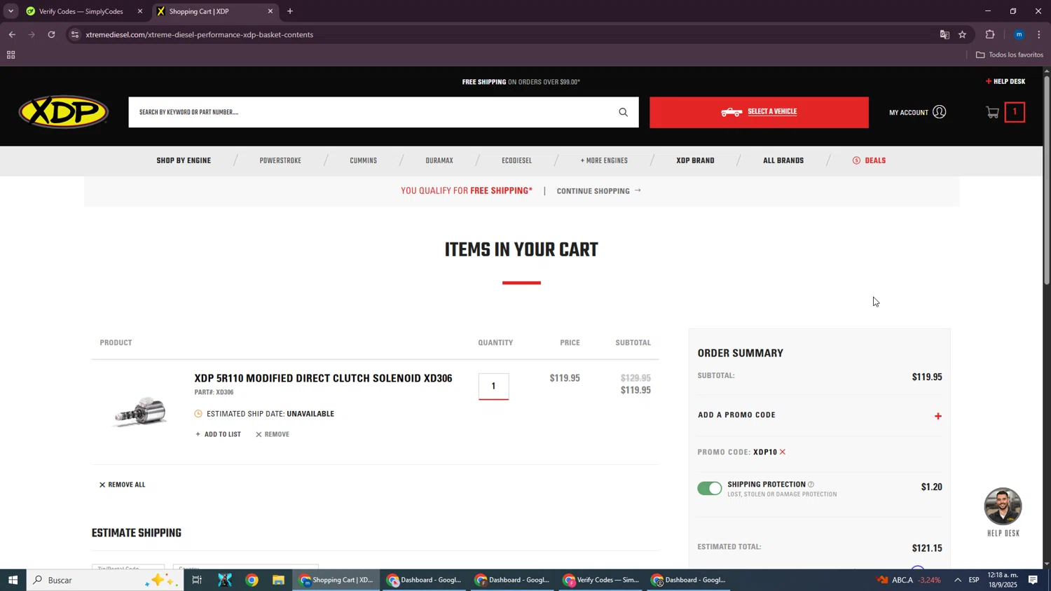 Xtreme Diesel Performance promo code screenshot showing code XDP10 applied at Xtreme Diesel Performance checkout page. Uploaded by SimplyCodes community member SmartWizard8062 on Sep 18, 2025