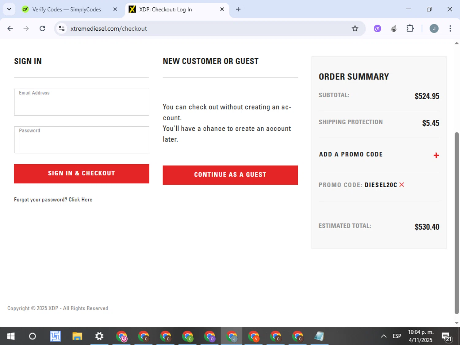 Xtreme Diesel Performance promo code screenshot showing code DIESEL20C applied at Xtreme Diesel Performance checkout page. Uploaded by SimplyCodes community member ValueTracker8384 on Nov 5, 2025