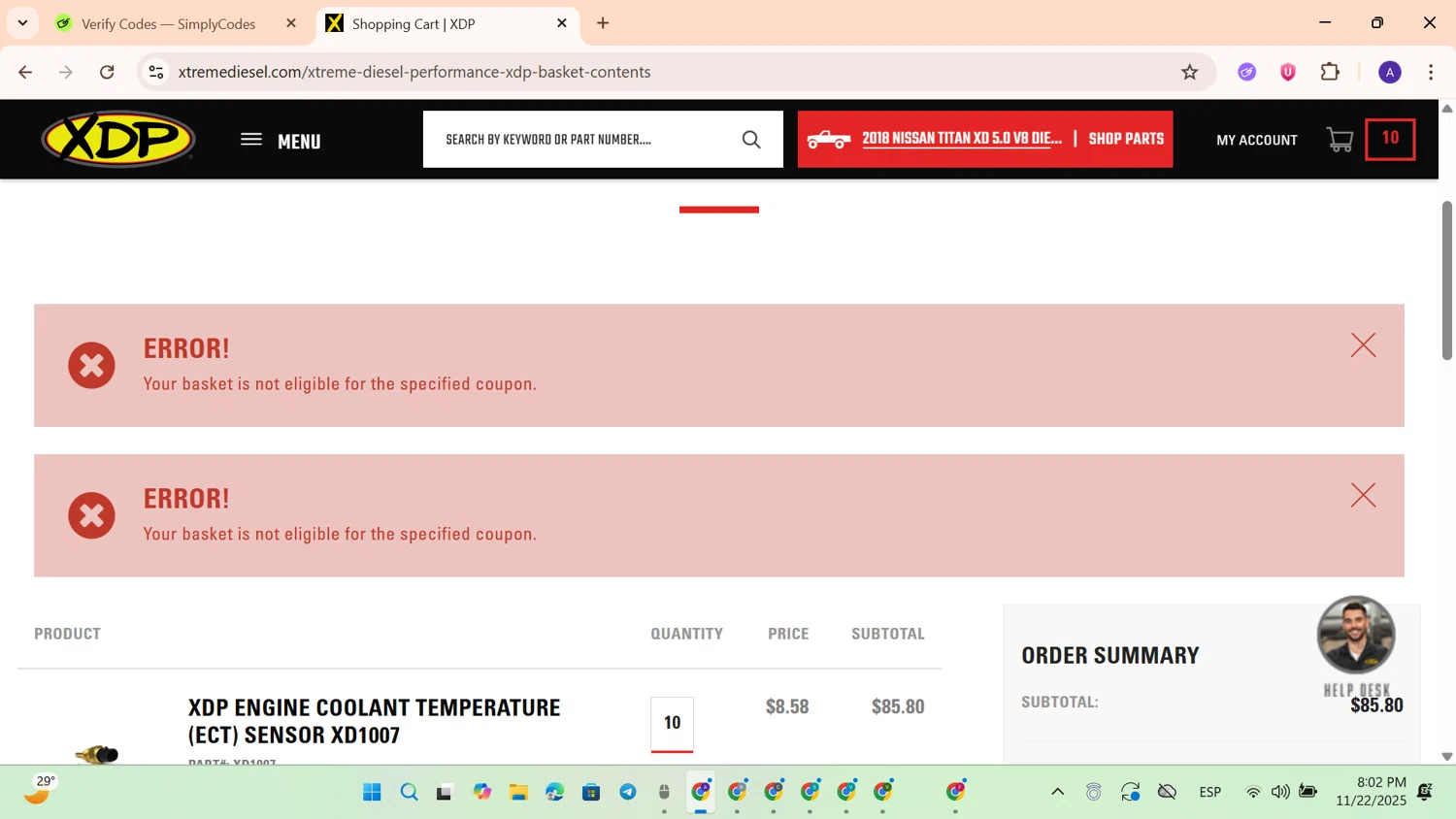 Xtreme Diesel Performance promo code screenshot showing code SSBC100 applied at Xtreme Diesel Performance checkout page. Uploaded by SimplyCodes community member BonusWhiz1524 on Nov 23, 2025