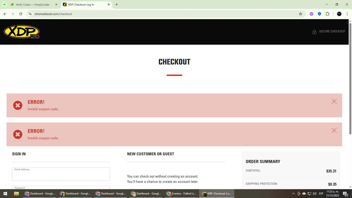 Xtreme Diesel Performance promo code screenshot showing code SSBC100 applied at Xtreme Diesel Performance checkout page. Uploaded by SimplyCodes community member CarmenVGR on Dec 21, 2025