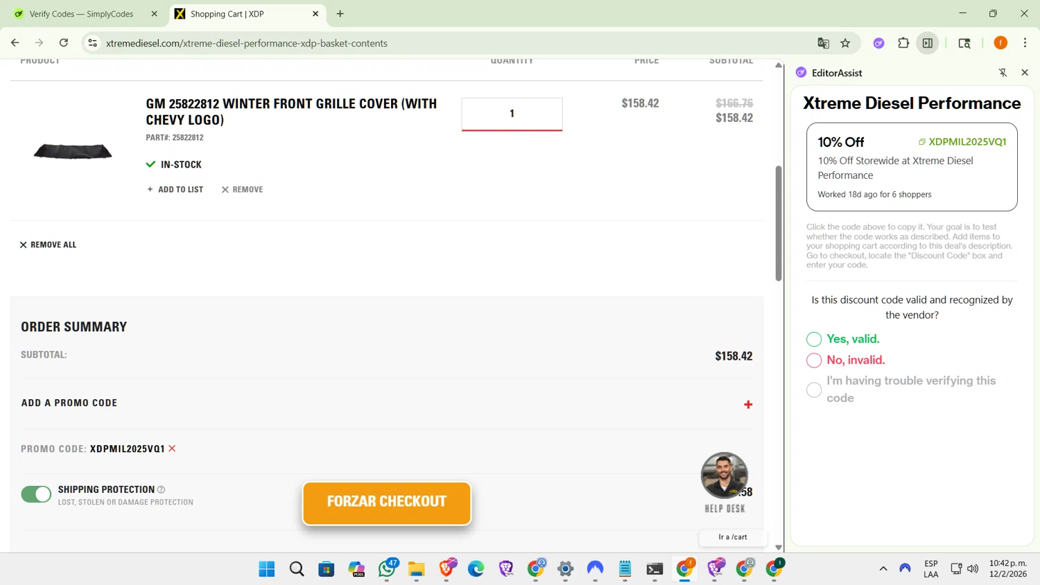 Xtreme Diesel Performance checkout page showing Xtreme Diesel Performance promo code box | Screenshot taken by SimplyCodes community member on Feb 13, 2026