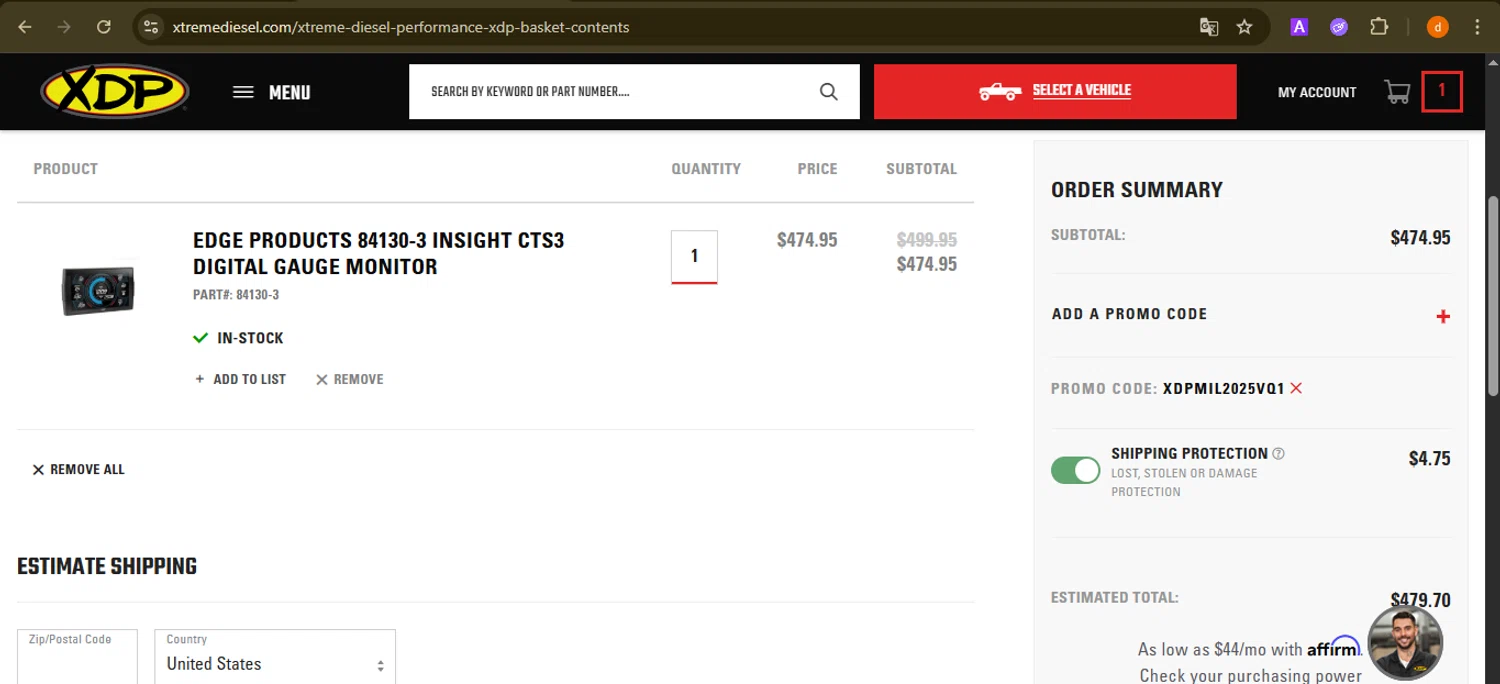 Xtreme Diesel Performance promo code screenshot showing code XDPMIL2025VQ1 applied at Xtreme Diesel Performance checkout page. Uploaded by SimplyCodes community member PennyAdmiral6960 on Dec 26, 2025