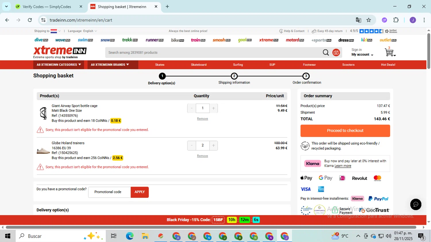 Xtremeinn promo code screenshot showing code 5BLACK applied at Xtremeinn checkout page. Uploaded by SimplyCodes community member PromoHunter9043 on Nov 28, 2025
