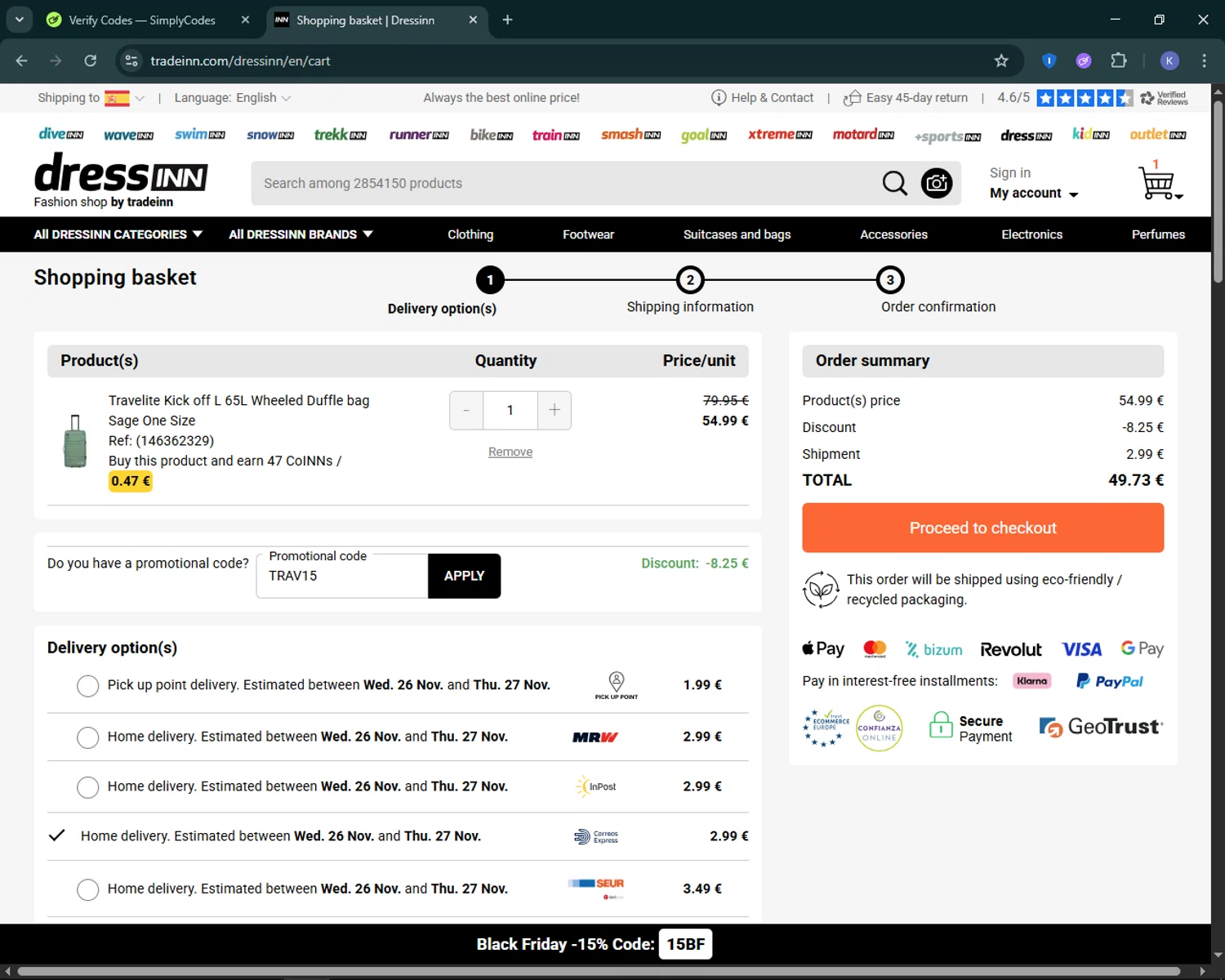 Xtremeinn promo code screenshot showing code TRAV15 applied at Xtremeinn checkout page. Uploaded by SimplyCodes community member KevLapage on Nov 25, 2025