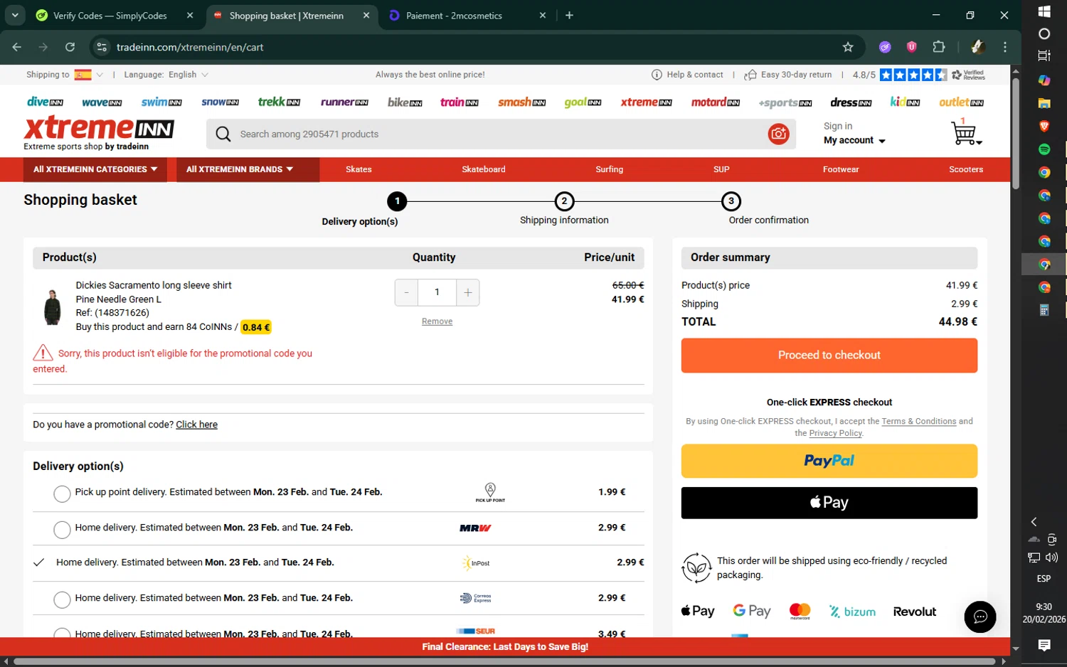 Xtremeinn checkout page showing Xtremeinn promo code box | Screenshot taken by SimplyCodes community member on Feb 20, 2026