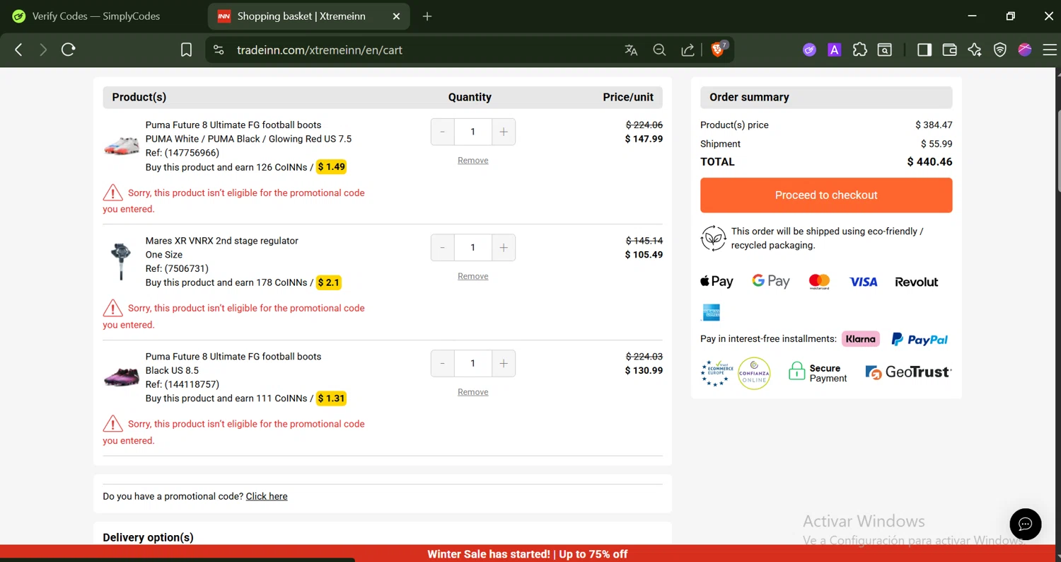 Xtremeinn checkout page showing Xtremeinn promo code box | Screenshot taken by SimplyCodes community member on Dec 26, 2025