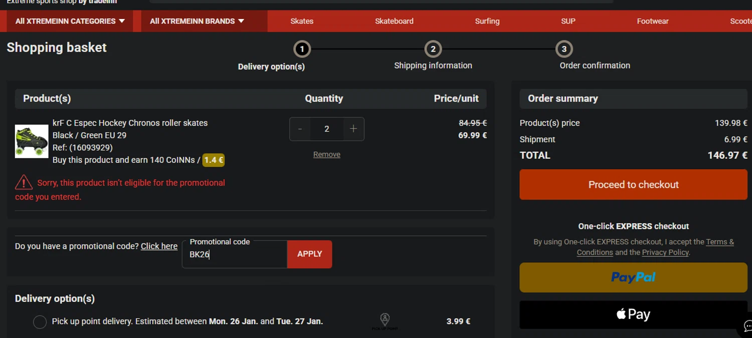 Xtremeinn promo code screenshot showing code BK26 applied at Xtremeinn checkout page. Uploaded by SimplyCodes community member PedroNavaja on Jan 24, 2026