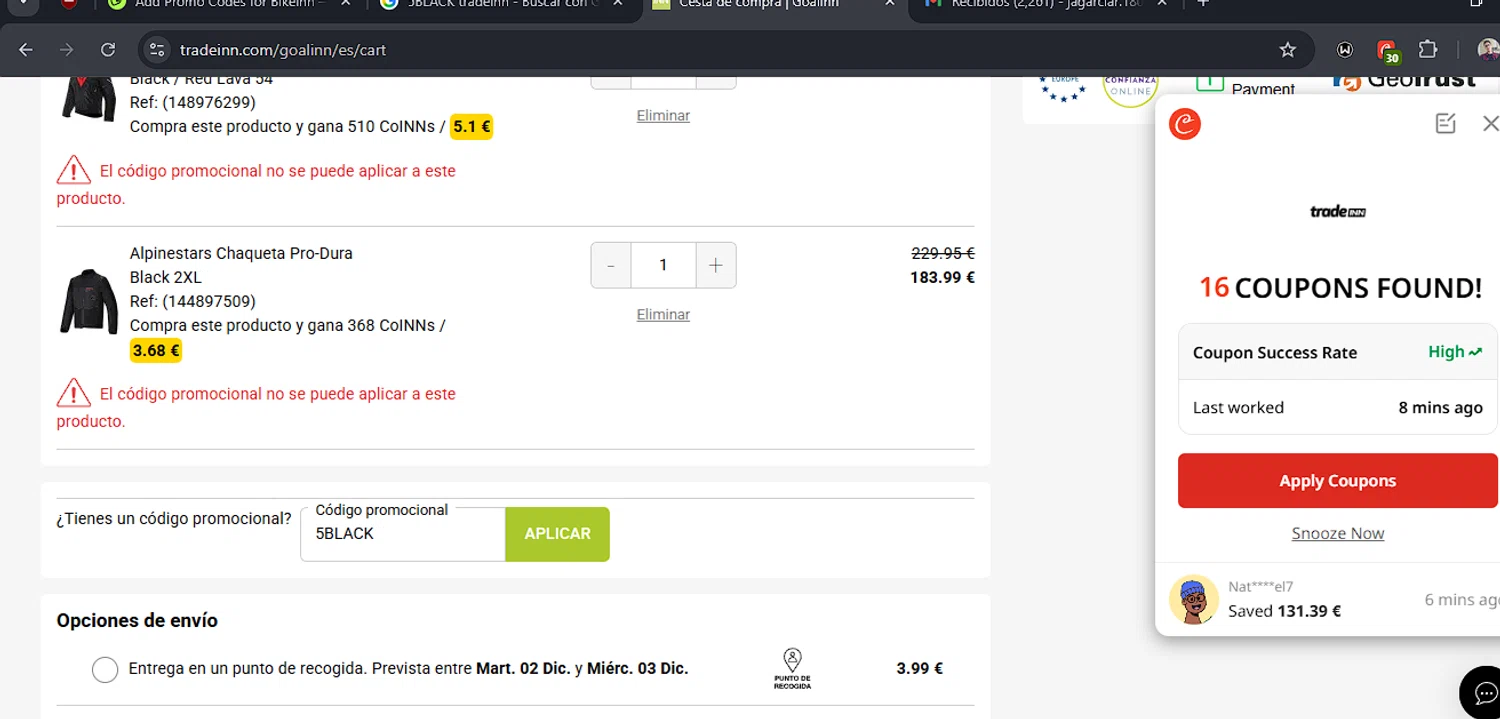 Xtremeinn promo code screenshot showing code 5BLACK applied at Xtremeinn checkout page. Uploaded by SimplyCodes community member josegarcia6 on Nov 28, 2025