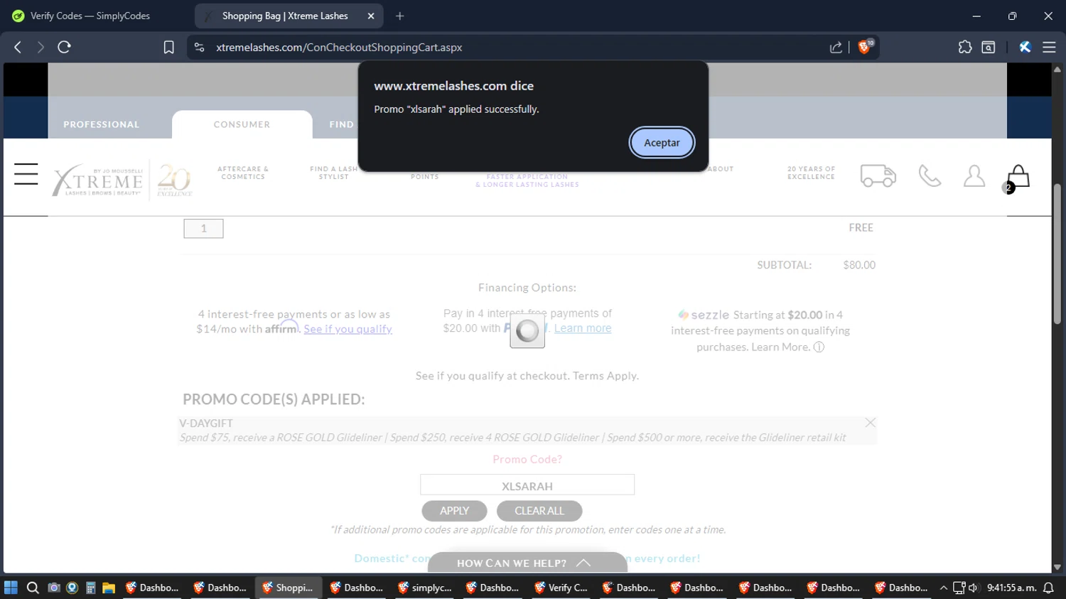 Xtreme Lashes promo code screenshot showing code XLSARAH applied at Xtreme Lashes checkout page. Uploaded by SimplyCodes community member Jgomez on Feb 6, 2026