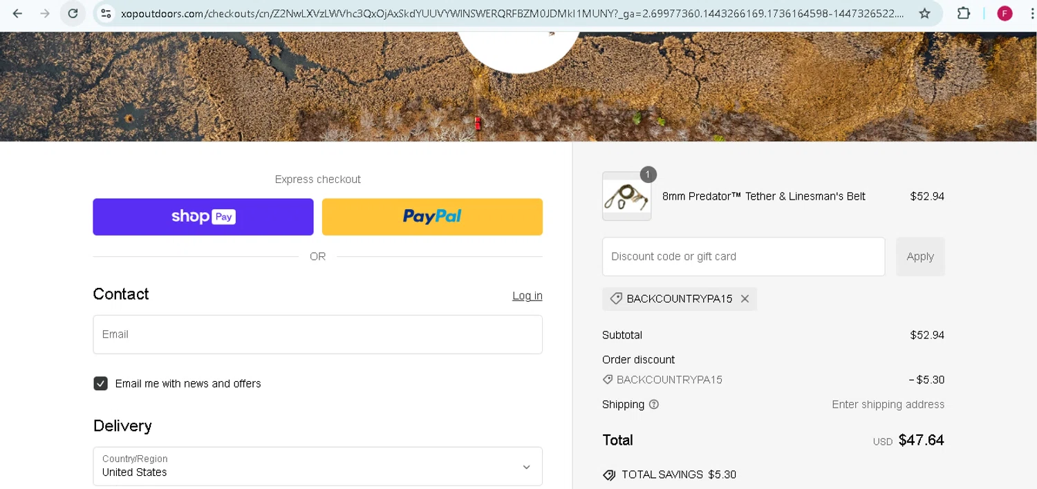 Xtreme Outdoor Products promo code screenshot showing code BackcountryPA15 applied at Xtreme Outdoor Products checkout page. Uploaded by SimplyCodes community member TokenMonarch796 on Jan 6, 2025